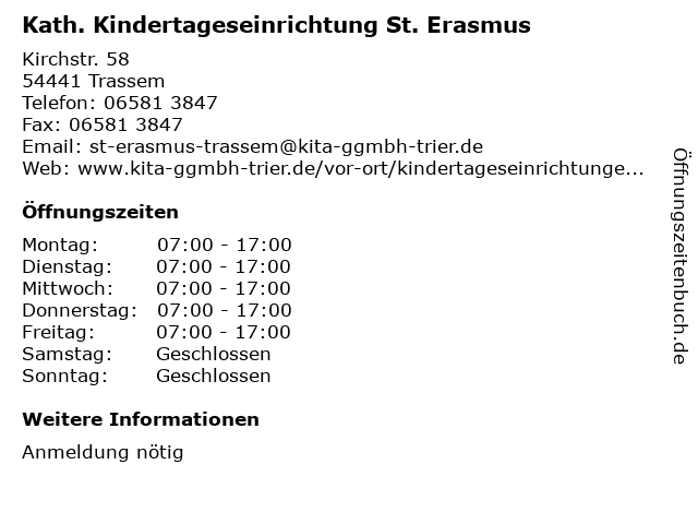 ᐅ Öffnungszeiten „Kath. Kindertageseinrichtung St. Erasmus“ | Kirchstr