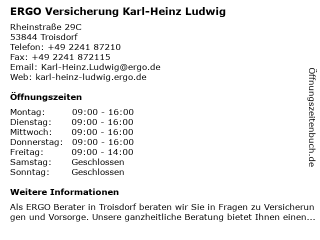 ᐅ Offnungszeiten Ergo Versicherung Glaser Ludwig Versicherungsburo Rheinstr 29 C In Troisdorf