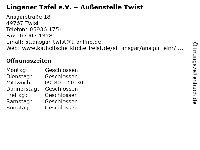 ᐅ Offnungszeiten Lingener Tafel E V Aussenstelle Twist Ansgarstrasse 18 In Twist