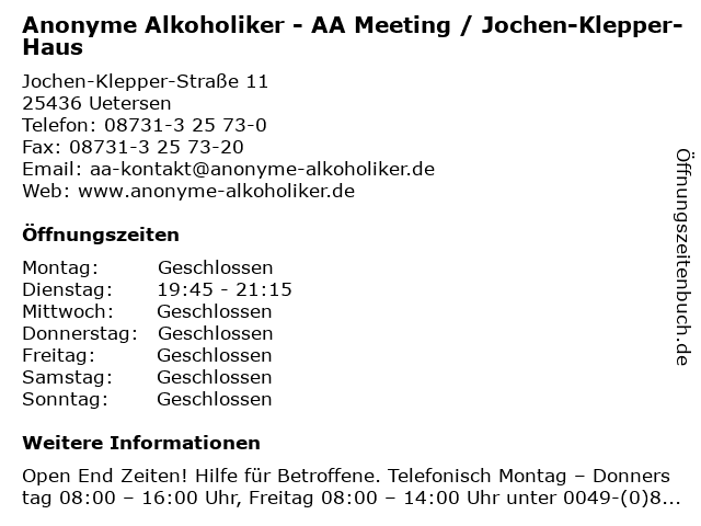 ᐅ Offnungszeiten Anonyme Alkoholiker Aa Meeting Jochen