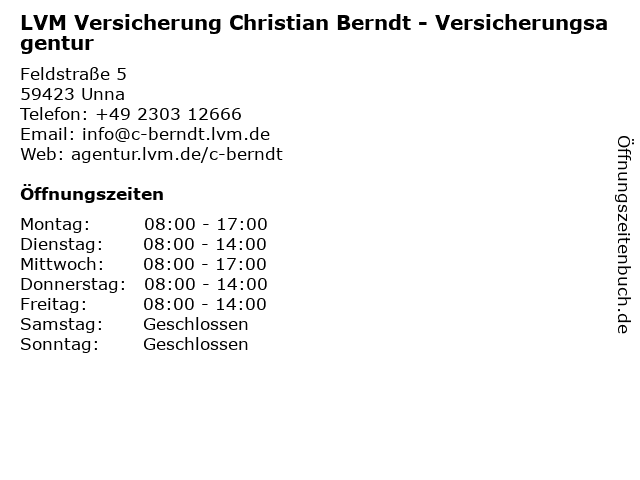 ᐅ Offnungszeiten Lvm Versicherungsagentur Christian Berndt Feldstr 5 In Unna