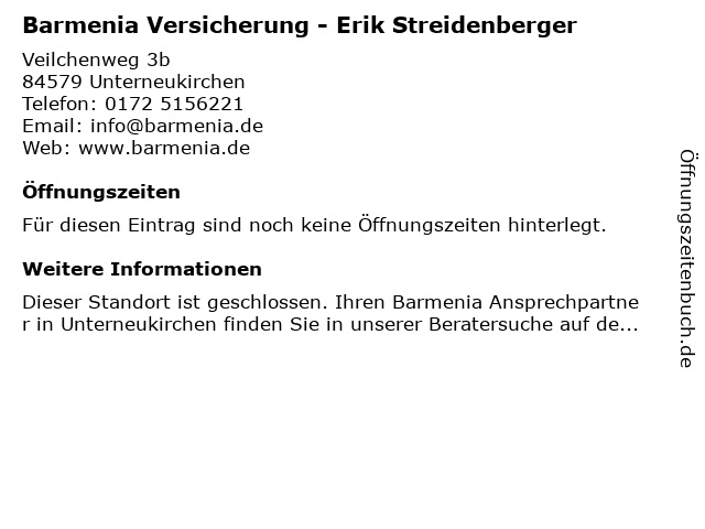 ᐅ Offnungszeiten Barmenia Versicherung Erik Streidenberger Veilchenweg 3b In Unterneukirchen