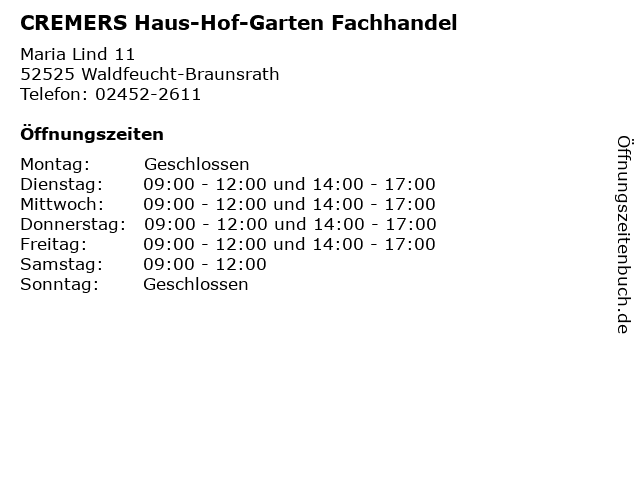 ᐅ Öffnungszeiten „CREMERS HausHofGarten Fachhandel (DPD