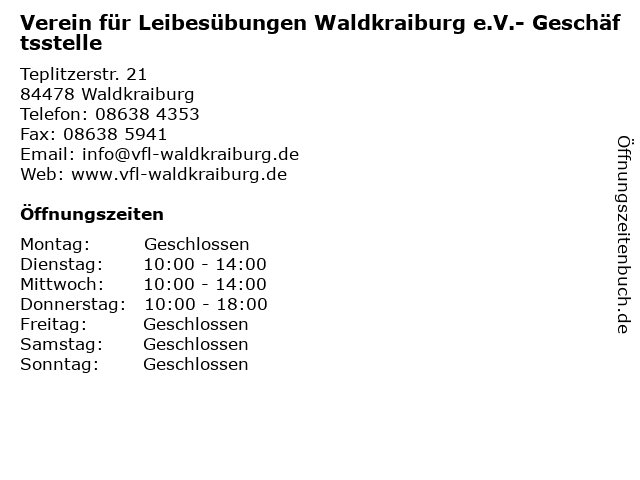 á… Offnungszeiten Verein Fur Leibesubungen Waldkraiburg E V Geschaftsstelle Teplitzerstr 21 In Waldkraiburg