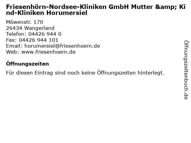 ᐅ Offnungszeiten Friesenhorn Nordsee Kliniken Gmbh Mutter Kind Kliniken Horumersiel Mowenstr 170 In Wangerland