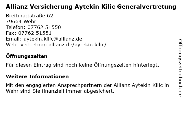 ᐅ Offnungszeiten Allianz Aytekin Kilic Breitmattstr 62 In Wehr