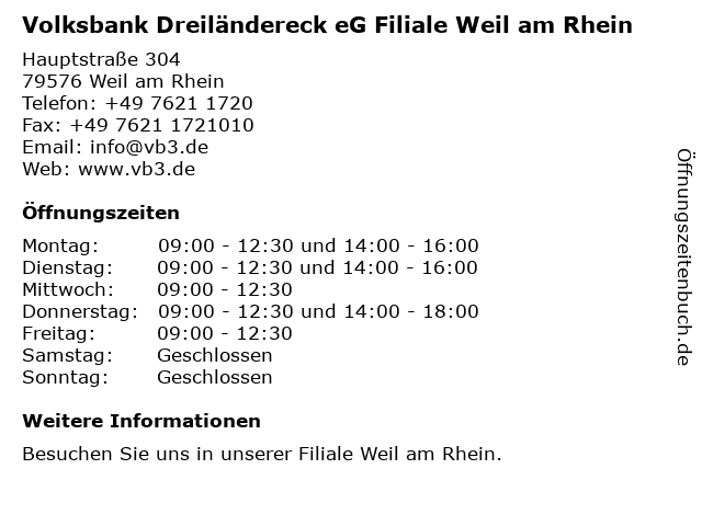 á… Offnungszeiten Volksbank Dreilandereck Eg Filiale Weil Am Rhein Hauptstrasse 304 In Weil Am Rhein