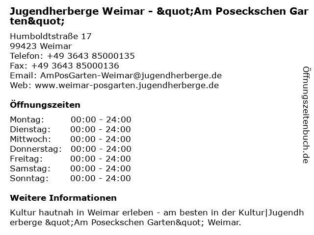 ᐅ Offnungszeiten Jugendherberge Weimar Am Poseckschen Garten