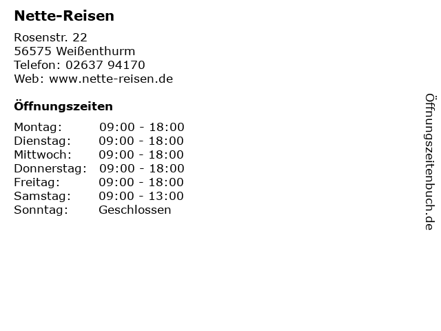 ᐅ Offnungszeiten Nette Reisen Rosenstr 22 In Weissenthurm