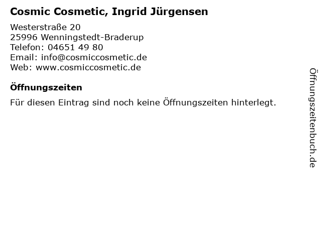 ᐅ Offnungszeiten Cosmic Cosmetic Ingrid Jurgensen Dunenstr In Wenningstedt Braderup