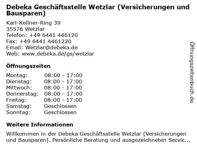 ᐅ Öffnungszeiten „Debeka-Geschäftsstelle Wetzlar“ | Karl ...