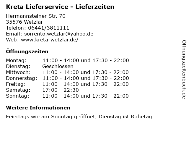 ᐅ Offnungszeiten Kreta Lieferservice Lieferzeiten Hermannsteiner Str 70 In Wetzlar