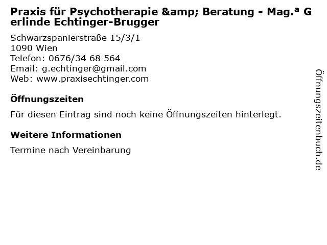 ᐅ Offnungszeiten Praxis Fur Psychotherapie Beratung Mag ª Gerlinde Echtinger Brugger Schwarzspanierstrasse 15 3 1 In Wien