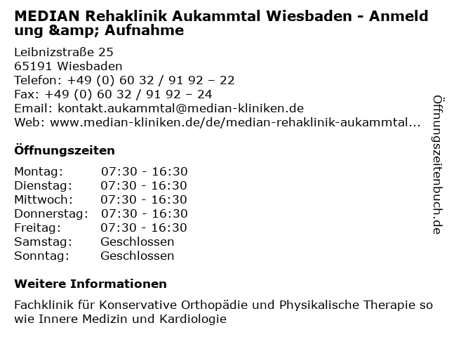 ᐅ Offnungszeiten Median Rehaklinik Aukammtal Wiesbaden Anmeldung Aufnahme Leibnizstrasse 25 In Wiesbaden