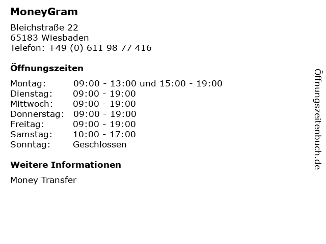 ᐅ Offnungszeiten Moneygram Bleichstrasse 22 In Wiesbaden