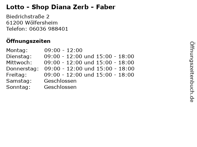 ᐅ Offnungszeiten Lotto Shop Diana Zerb Faber Biedrichstrasse 2 In Wolfersheim