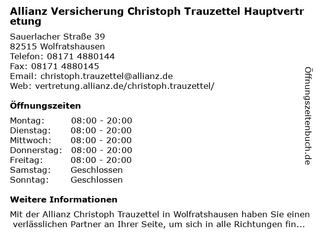 ᐅ Offnungszeiten Allianz Versicherung Hauptvertretung Christoph Trauzettel Sauerlacher Str 14 In Wolfratshausen