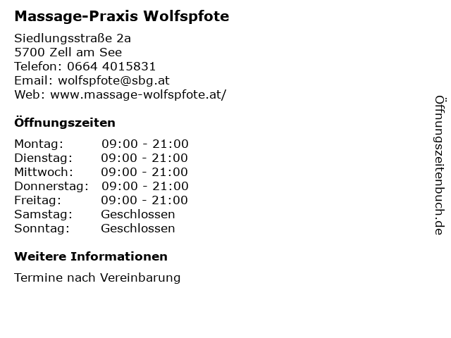 ᐅ Offnungszeiten Massage Praxis Wolfspfote Siedlungsstrasse 2a In Zell Am See